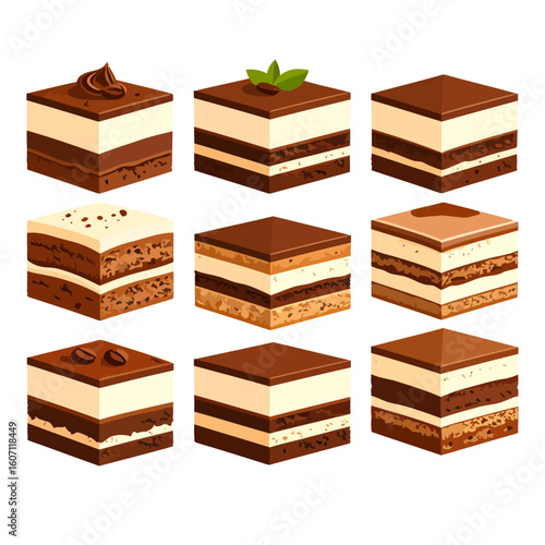 Vector illustration set of nine square tiramisu cake slices with chocolate, coffee beans, and cream layers.