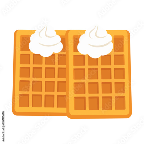 Flat vector illustration of two golden brown Belgian waffles with dollops of white whipped cream.