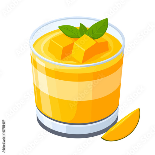 Fresh mango smoothie in a glass with a layered texture, topped with fruit cubes and mint.