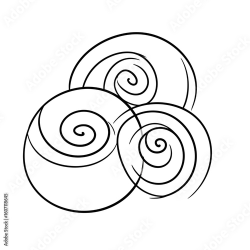 Stylized cluster of three overlapping black hand-drawn spiral swirls.