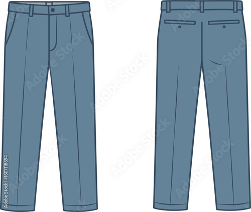 Men’s formal trousers flat sketch vector, CAD fashion illustration, clothing template, technical pants drawing for garment design projects