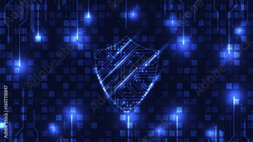 A futuristic blue illustration depicting a shield composed of intricate circuitry against a dark background of digital grid and connecting lines