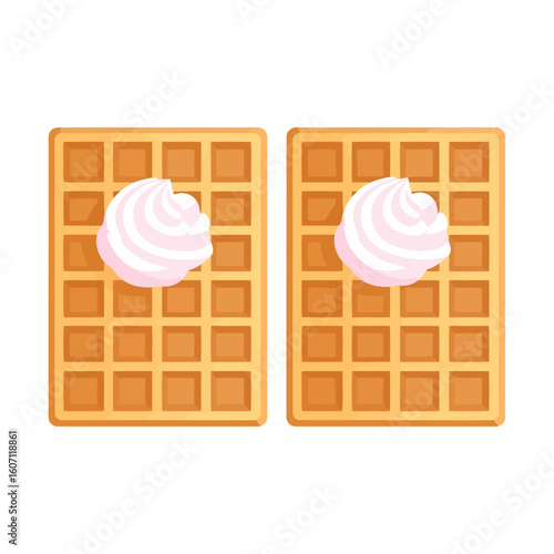 Pair of golden-brown Belgian waffles topped with a dollop of pink swirled cream.
