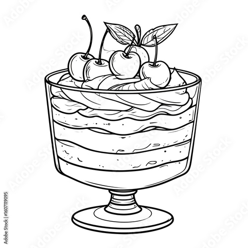 Layered trifle dessert with whipped cream and fresh cherries in a glass bowl, black and white line art.