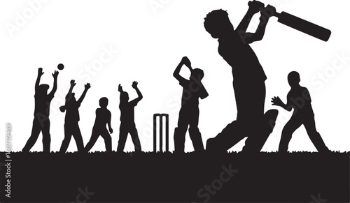 Silhouette of children playing cricket featuring a batsman hitting the ball and fielders with wickets in the background perfect for sports and childhood themes