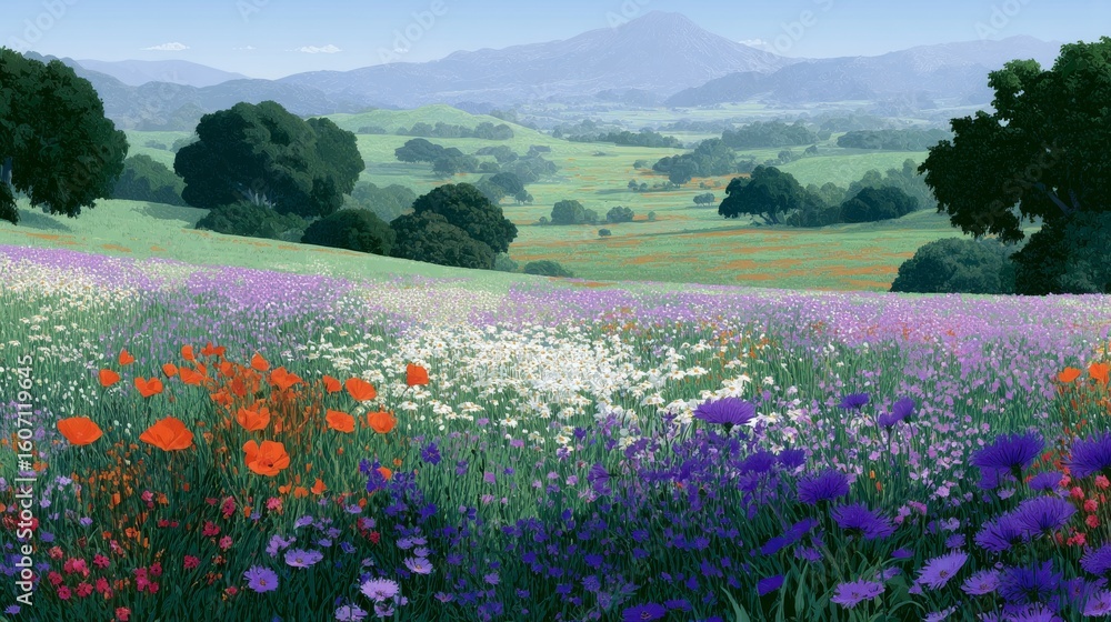 Fototapeta premium A vibrant landscape filled with colorful wildflowers. This serene scene showcases rolling hills, trees, and mountains in the distance. Ideal for nature lovers and art enthusiasts. AI