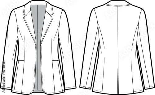 Women’s single-breasted blazer cad drawing, front and back technical sketch, tailored jacket flat vector fashion design for Adobe Stock