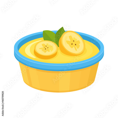 A yellow bowl with a blue rim filled with creamy banana pudding, topped with fresh banana slices and mint leaves.