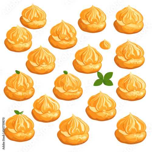 A delicious collection of golden-brown cream puffs with swirled cream filling and mint garnish.