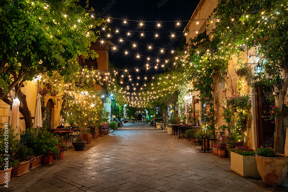 Fototapeta premium Enchanting European street at night illuminated by magical fairy lights creating a romantic ambiance