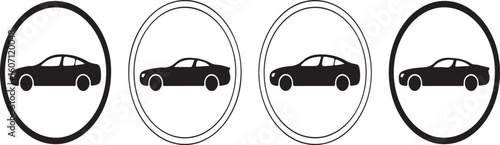 Black car silhouettes within circular frames automobile vehicle