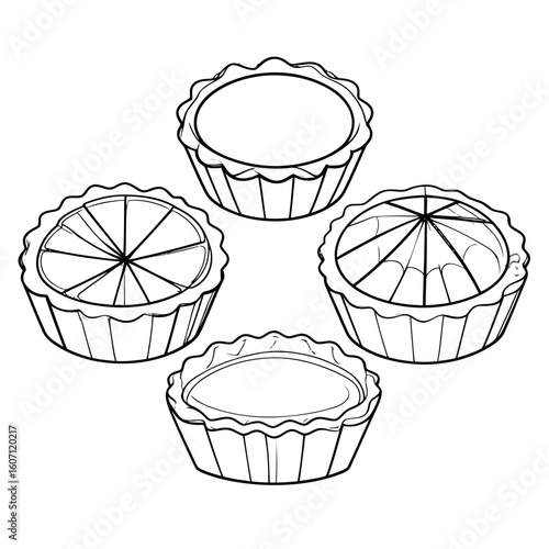 Four assorted mini tarts with decorative toppings, illustrated in a black and white line art style.
