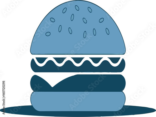 Blue hamburger with sesame seeds and wavy white filling food