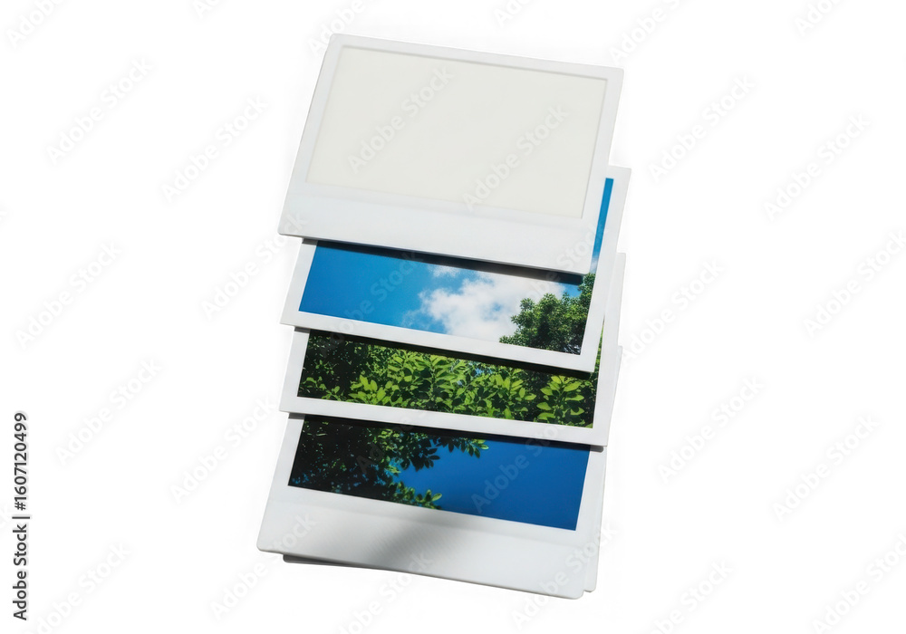 Fototapeta premium Stack of instant photos with sky and foliage isolated on transparent background