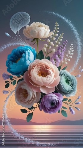 Illustration of a delicate bouquet floating in the air against a warm sunset sky.