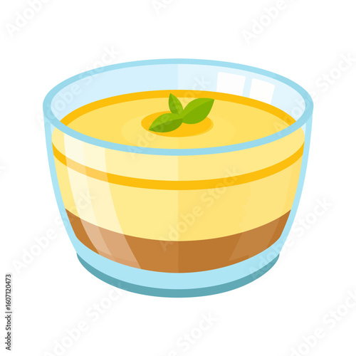 Layered yellow custard or pudding dessert in a clear glass bowl, topped with a fresh green mint sprig.