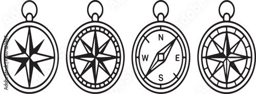 Four compasses with directional markings and star designs navigation north