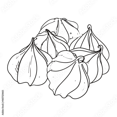 Hand-drawn black and white illustration of a pile of swirled meringue cookies with delicate peaks.
