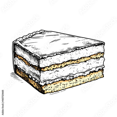 Artistic hand-drawn slice of a layered sponge cake with creamy white frosting.