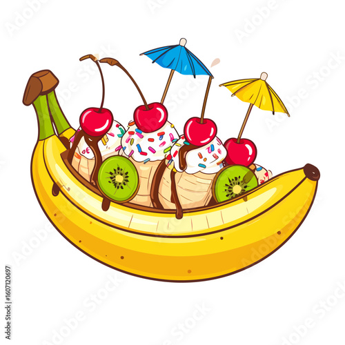 Colorful cartoon banana split sundae with ice cream, cherries, kiwi, and decorative umbrellas.