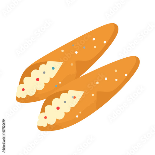 A pair of classic Italian cannoli pastries with sweet cream filling and colorful sprinkles.