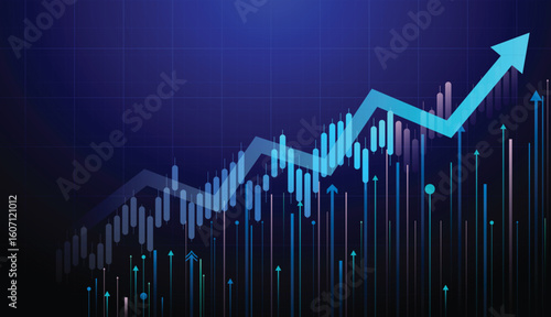 candlestick financial analysis trading chart, stock market investment trading and arrow graph. vector illustration technology blue background.