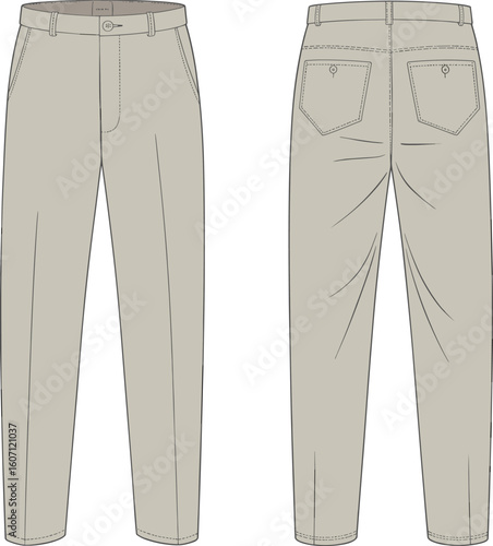 Men’s chino pants front and back view, CAD flat sketch template, fashion technical vector illustration for apparel clothing design