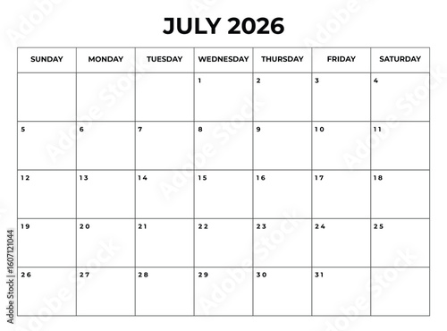 Printable July 2026 Calendar with Daily Boxes Week Starts from Sunday