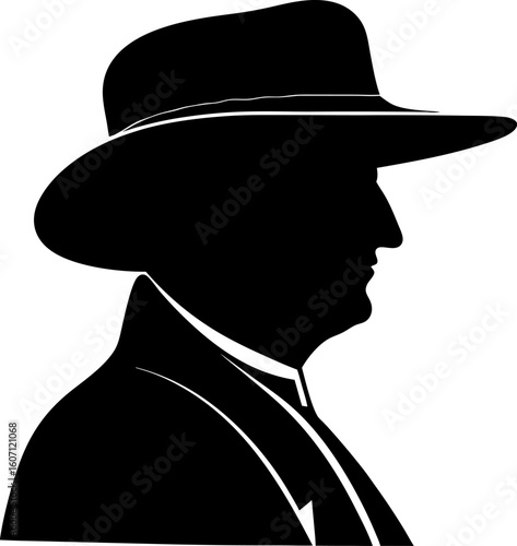 Mysterious Silhouette of Man in Fedora and Suit Profiled on White