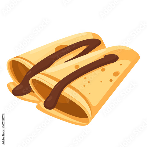 Two delicious rolled crepes drizzled with rich, glossy chocolate sauce illustration.