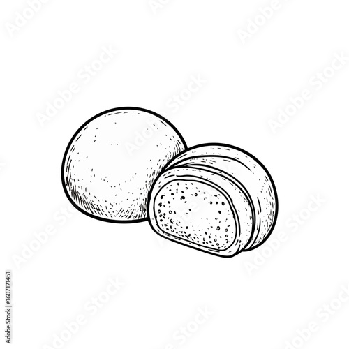 Hand-drawn sketch of Japanese Mochi, one whole and one sliced to reveal its textured filling.
