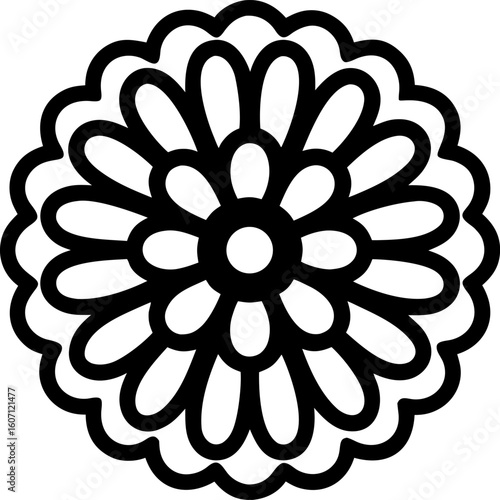 Minimalist flower mandala, bold chrysanthemum or dahlia graphic, black on white