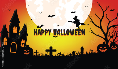 halloween background. Halloween night scary background Orange color with pumpkin, haunted house, flying bat tombstone, full moon, flying witch and haunted house. vector illustration 