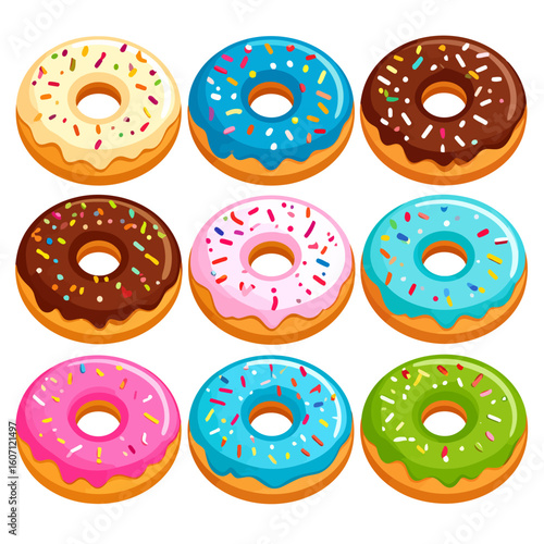 Isometric illustration set of nine colorful glazed donuts with various frostings and sprinkles.