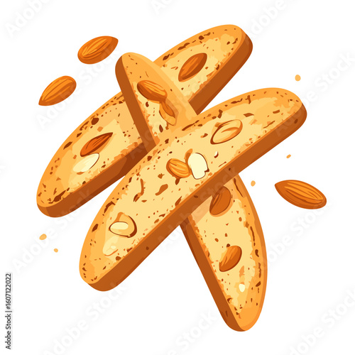 Crispy golden-brown Italian almond biscotti slices with whole nuts, illustrated style.