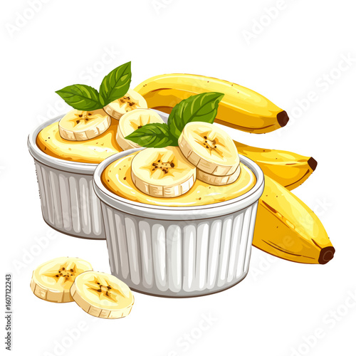 Delicious banana pudding in white ramekins, garnished with fresh banana slices and mint leaves.