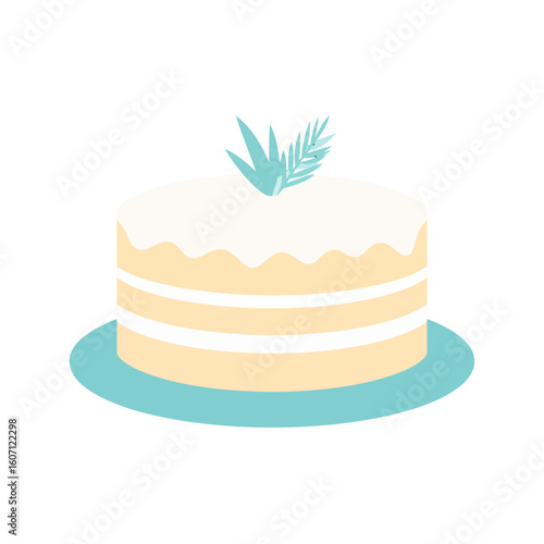Stylized two-layer cake with dripping white icing and a decorative teal leaf garnish.
