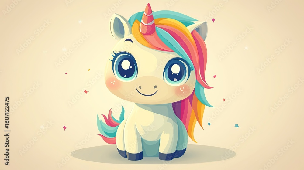 Fototapeta premium Cute Cartoon Unicorn with Rainbow Mane and Sparkles