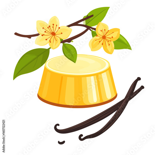 Yellow vanilla pudding dessert with dark vanilla pods and blooming vanilla orchid flowers on a branch.