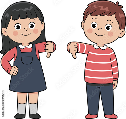 Cartoon kids showing thumbs down, unhappy expression, disapproving gesture, cute boy and girl, emotional vector characters, sad children illustration design