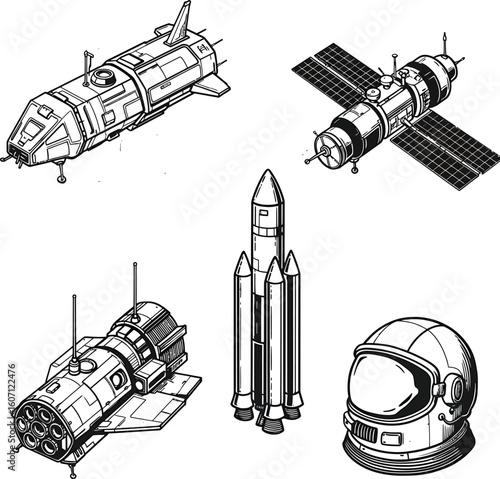 Space shuttle launch vector illustration set with space rocket and vintage camera design tool