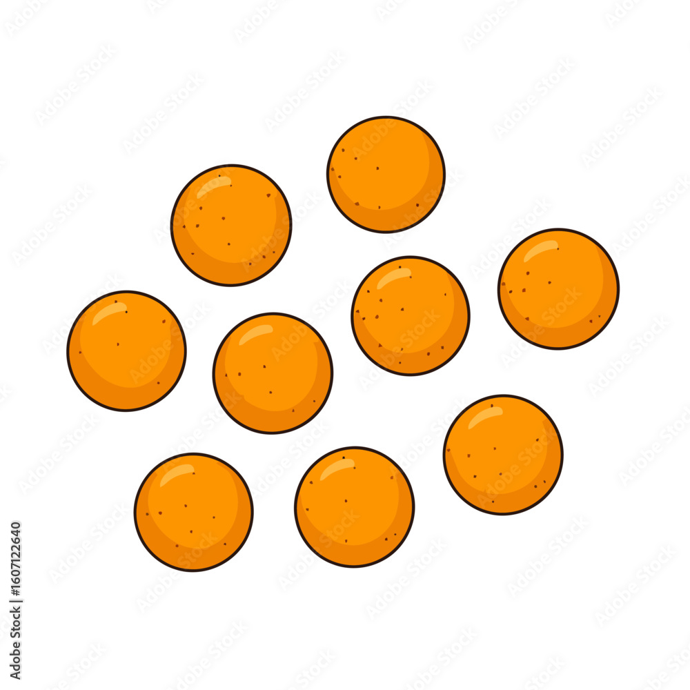 Fototapeta premium Scattered group of illustrated orange spheres with textured specks and black outlines.