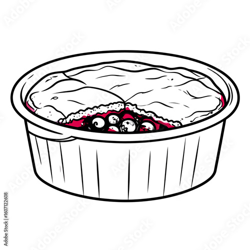 Line art illustration of a single-serving berry crumble with a broken crust revealing the red berry filling.