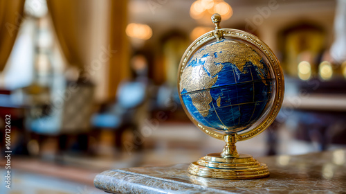 A blue and gold globe on the table of an elegant hotel