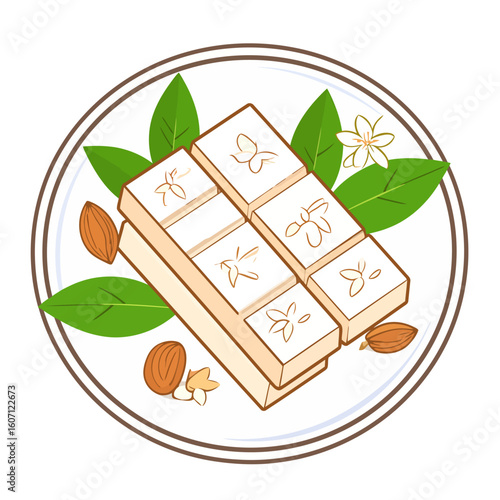 Artistic white nougat bars with floral line art, garnished with fresh almonds and green leaves on a round plate.