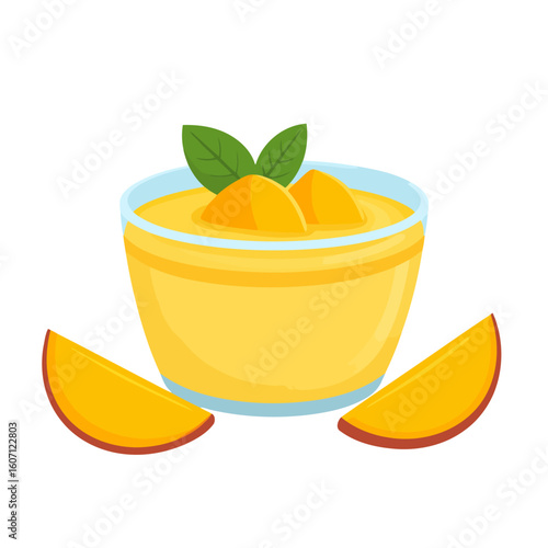 A creamy mango mousse dessert in a glass bowl, garnished with fresh mint and mango chunks.