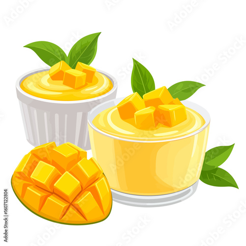 Creamy mango mousse dessert in bowls, topped with fresh diced mango and green leaves.