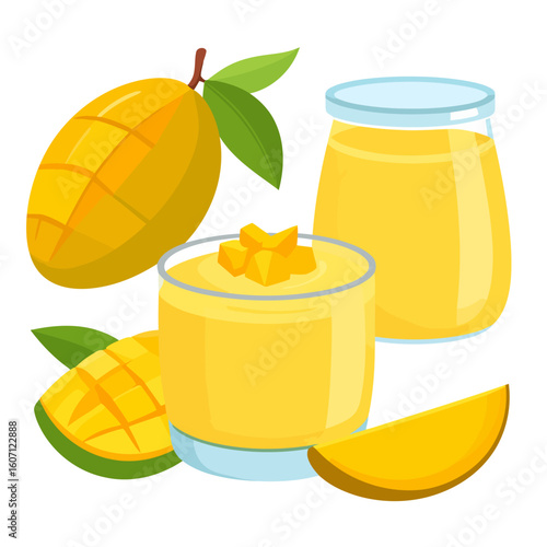 Fresh mango fruit composition with smoothie, juice, and slices in a vibrant vector style.
