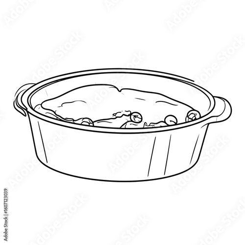 Minimalist line art of a whole roasted chicken in an oval casserole dish.