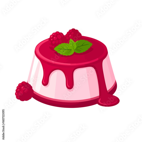 Pink panna cotta dessert with dripping raspberry sauce, fresh berries, and mint garnish.